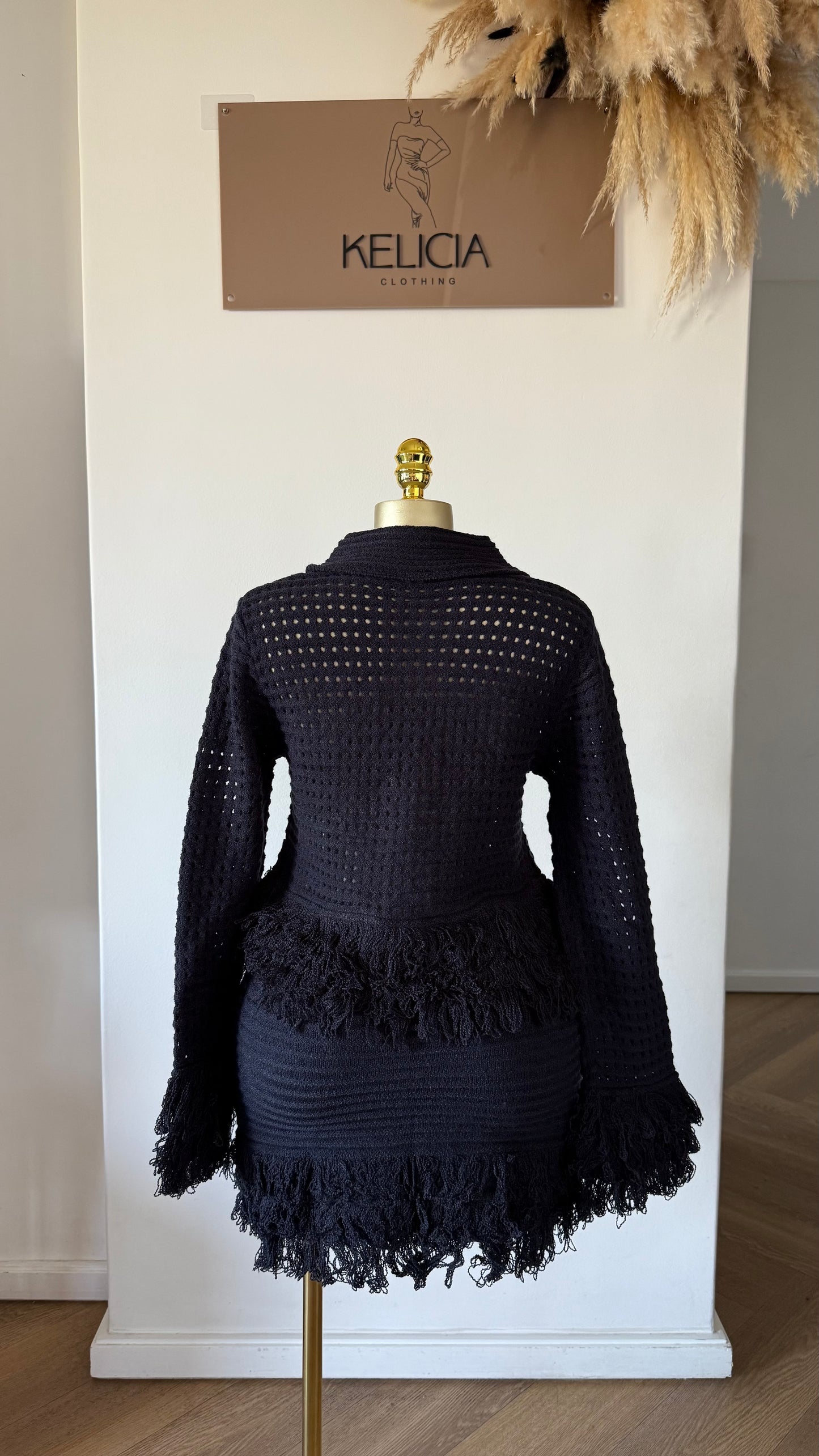 Fringe Long Sleeve Top and Mini Skirt Set in Black