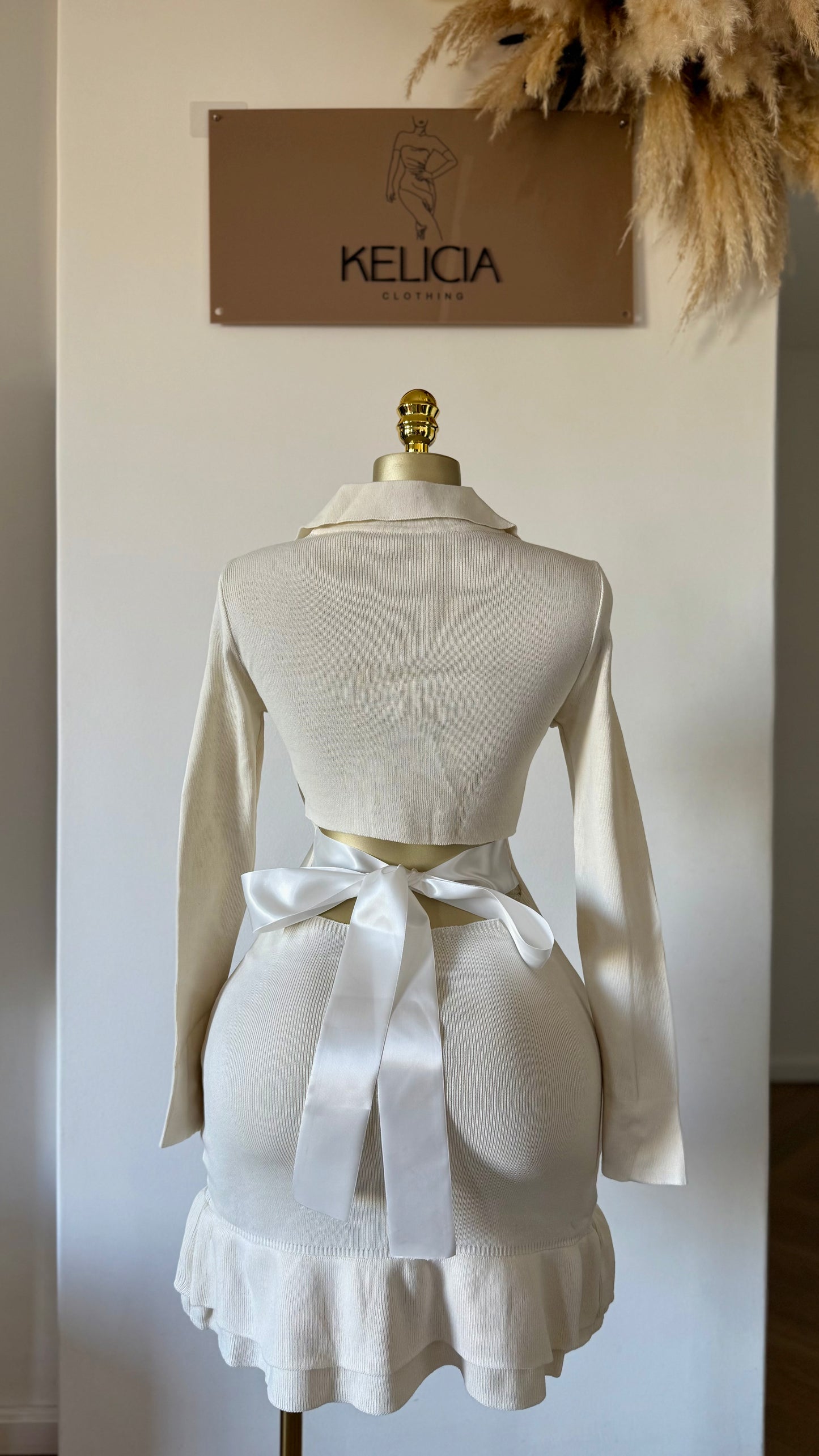 Frill Mini Dress with Bow in Cream