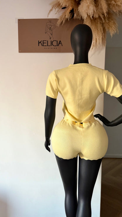 Knit Short Sleeve Top and Shorts Set in Yellow