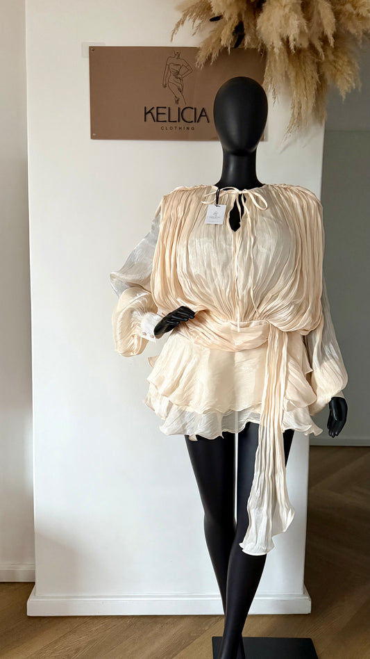 PREORDER Ruffle Chiffon Mini Dress in Beige with Shorts