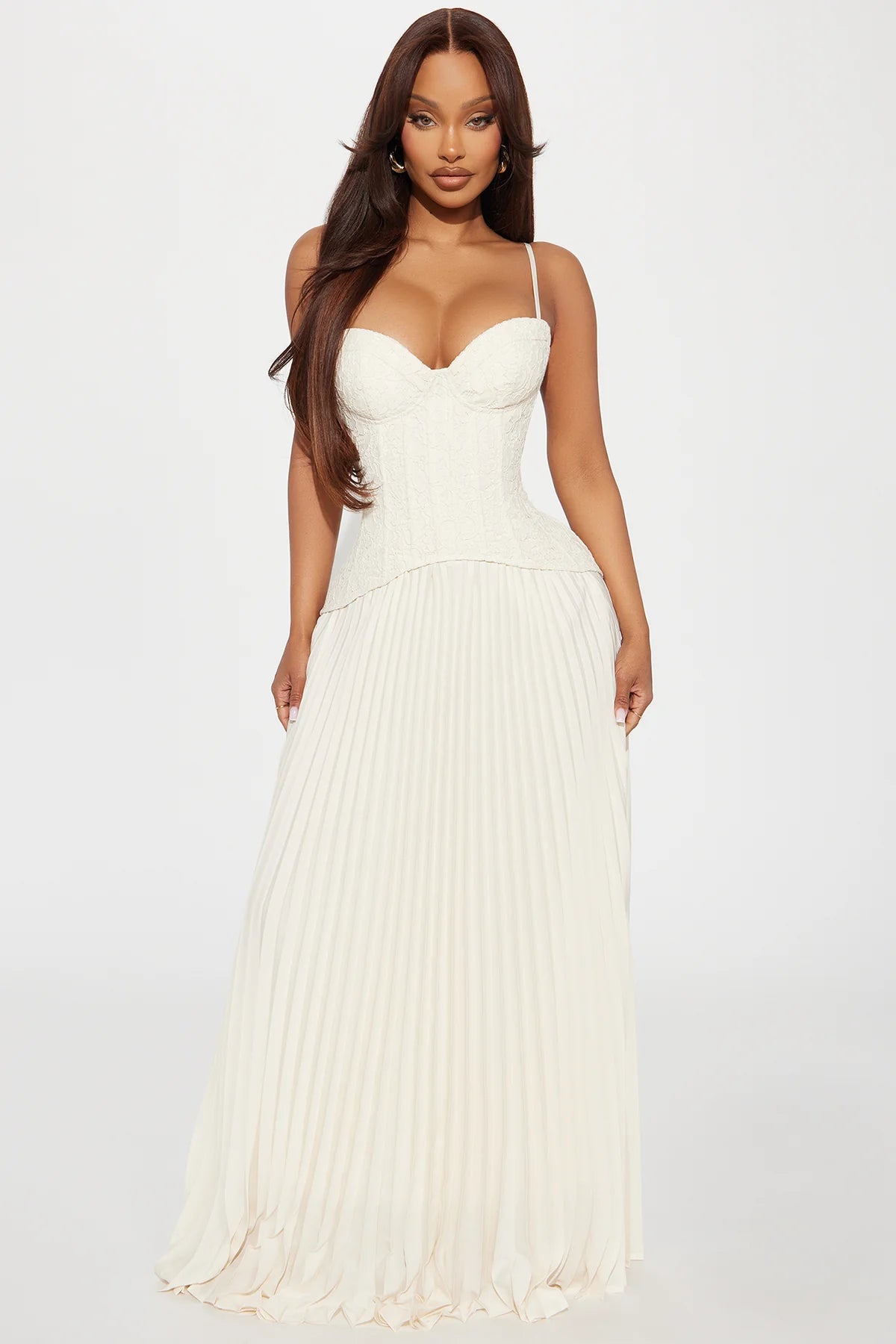 Daniella Lace Corset Pleated Maxi Dress in Cream