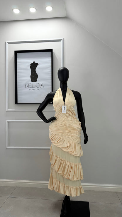 Halter Neck Spiral Maxi Dress in Cream