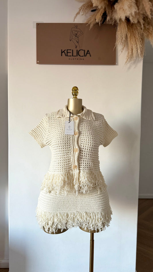 PRELOVED Fringe Top and Mini Skirt Set in Cream