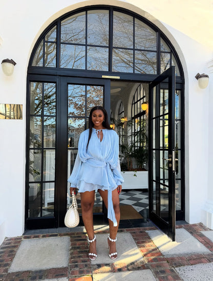 PREORDER Ruffle Chiffon Mini Dress in Light Blue with Shorts