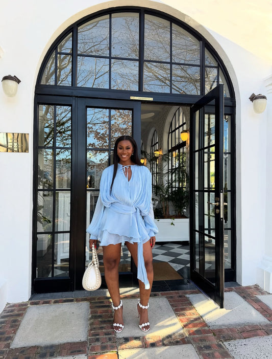PREORDER Ruffle Chiffon Mini Dress in Light Blue with Shorts