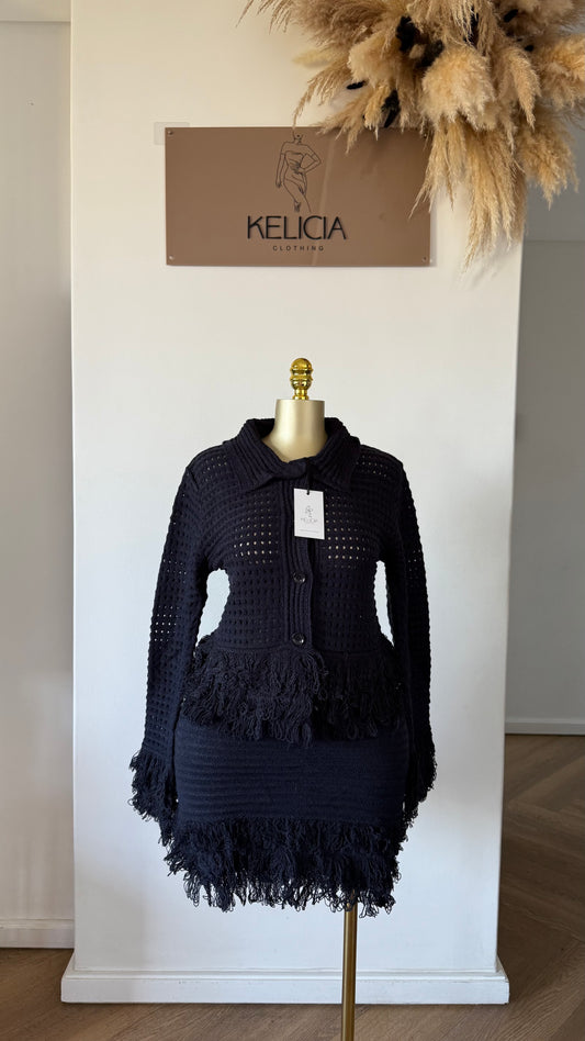Fringe Long Sleeve Top and Mini Skirt Set in Black