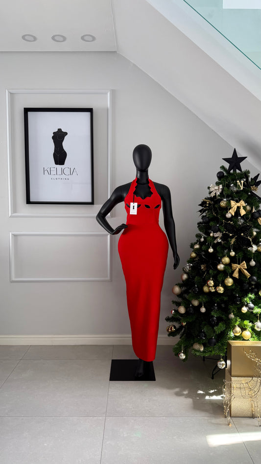 Halter Neck Bandage Maxi Dress in Red