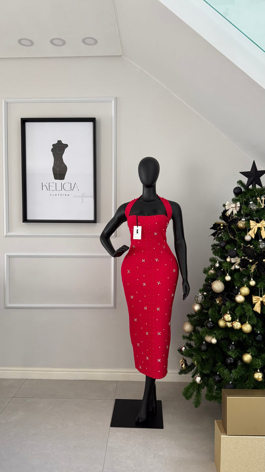 Halter Neck Bandage Dress with Rhinestones in Burgundy