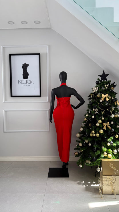 Halter Neck Bandage Maxi Dress in Red