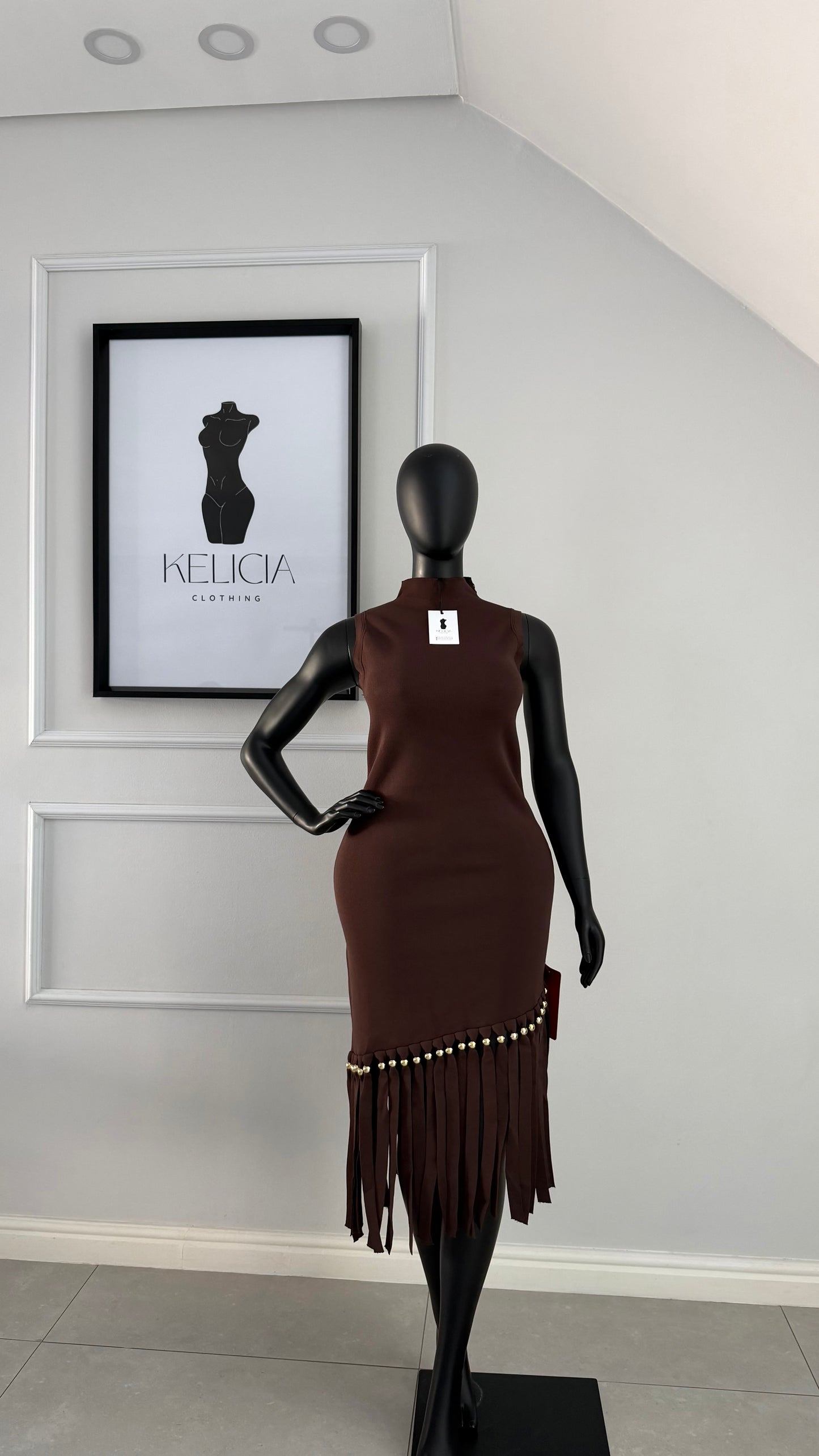 Fringe Midi Dress in Brown