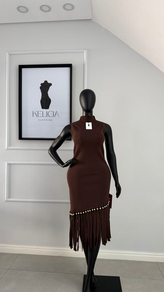 Fringe Midi Dress in Brown