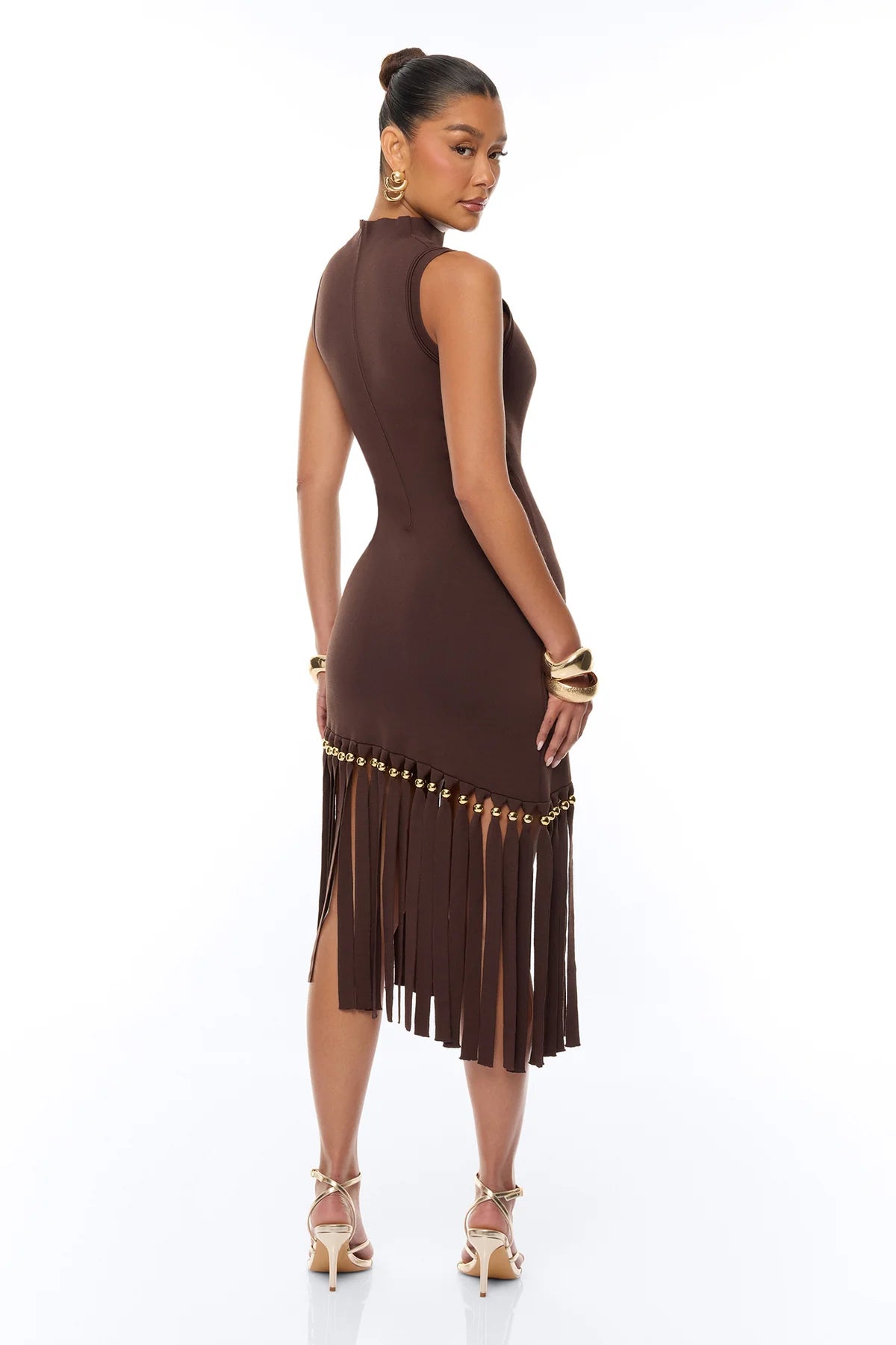 Fringe Midi Dress in Brown