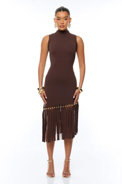 Fringe Midi Dress in Brown