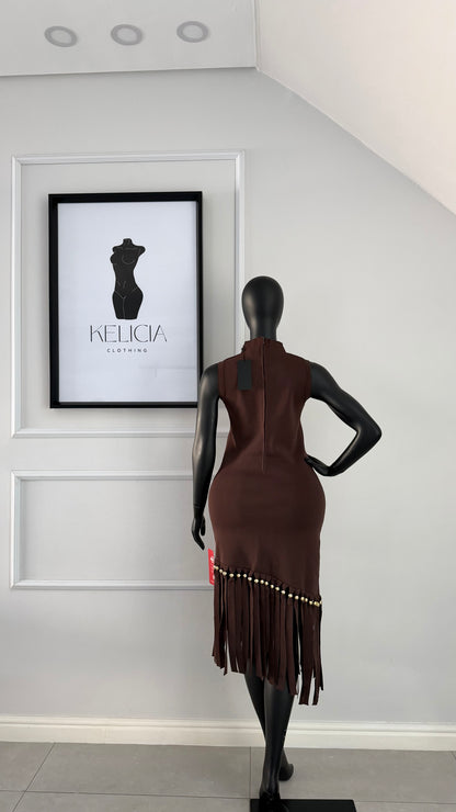 Fringe Midi Dress in Brown