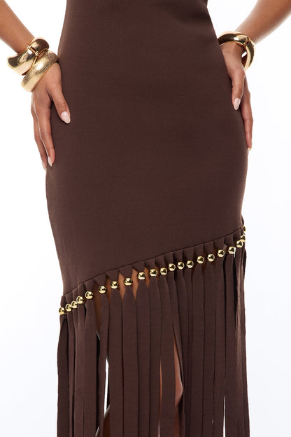 Fringe Midi Dress in Brown