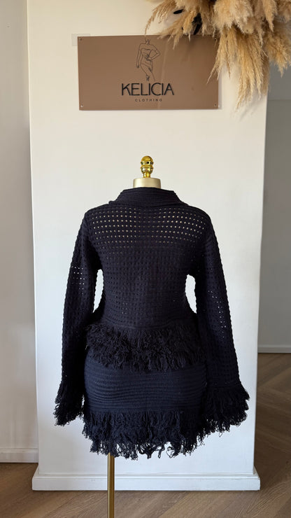 Fringe Long Sleeve Top and Mini Skirt Set in Black