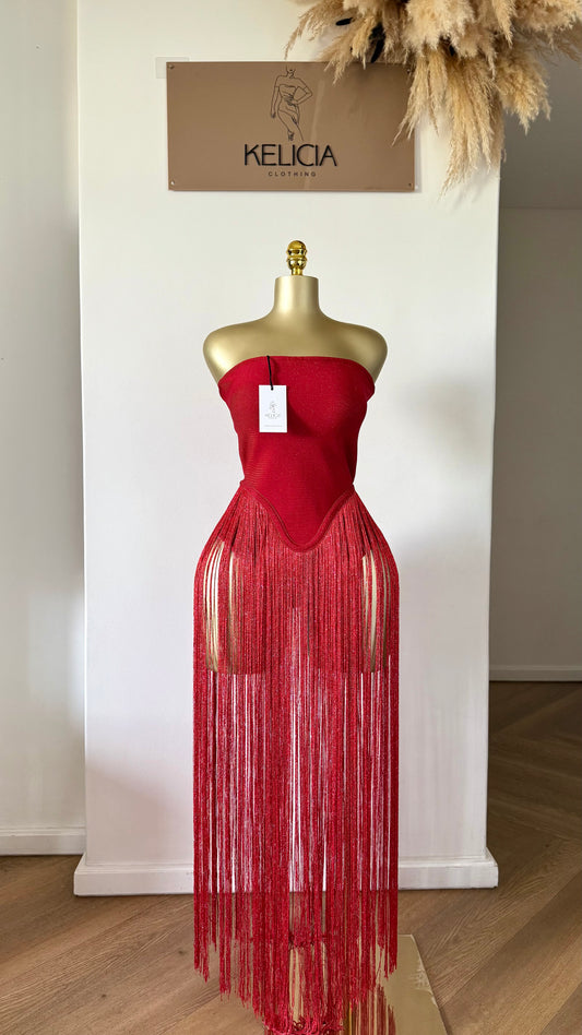 Strapless Fringe Maxi Dress