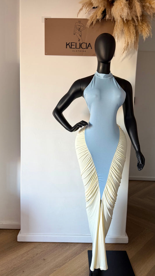 Ruched Maxi Dress in Blue & Cream