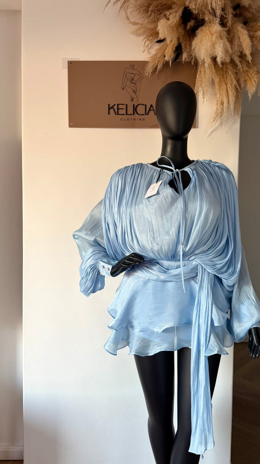 PREORDER Ruffle Chiffon Mini Dress in Light Blue with Shorts
