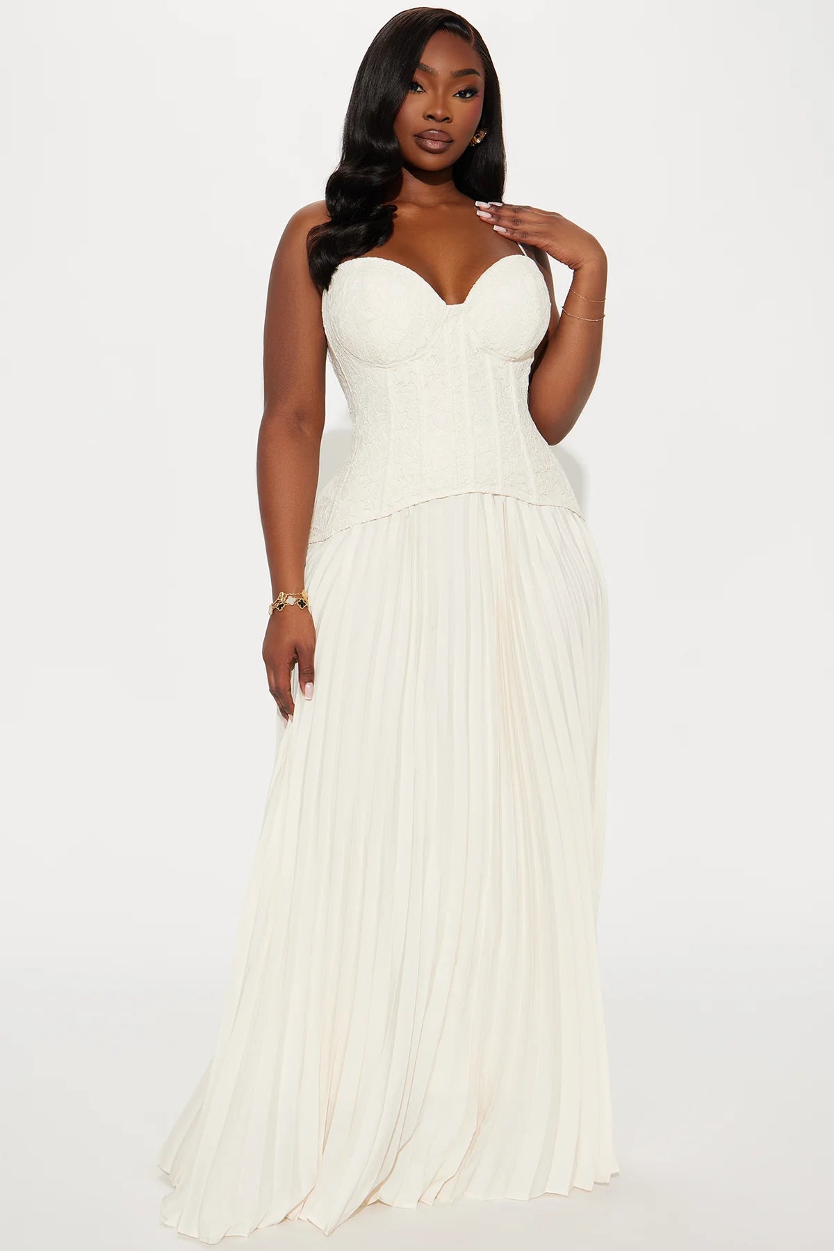 Daniella Lace Corset Pleated Maxi Dress in Cream