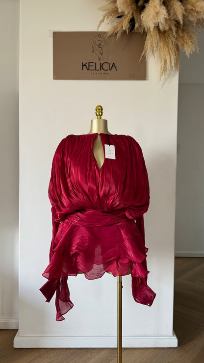 PREORDER Ruffle Chiffon Mini Dress in Burgundy with Shorts