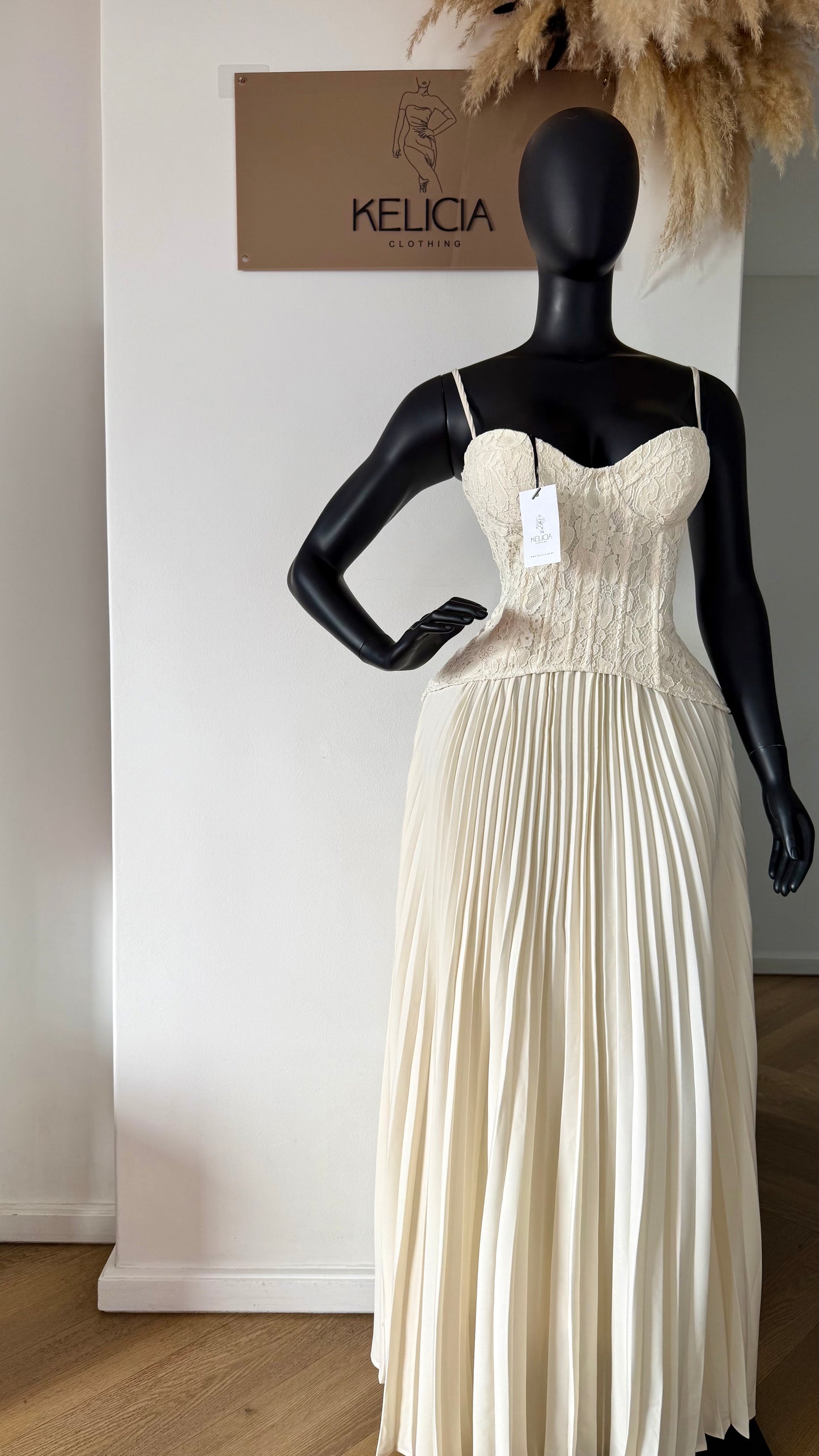 Daniella Lace Corset Pleated Maxi Dress in Cream