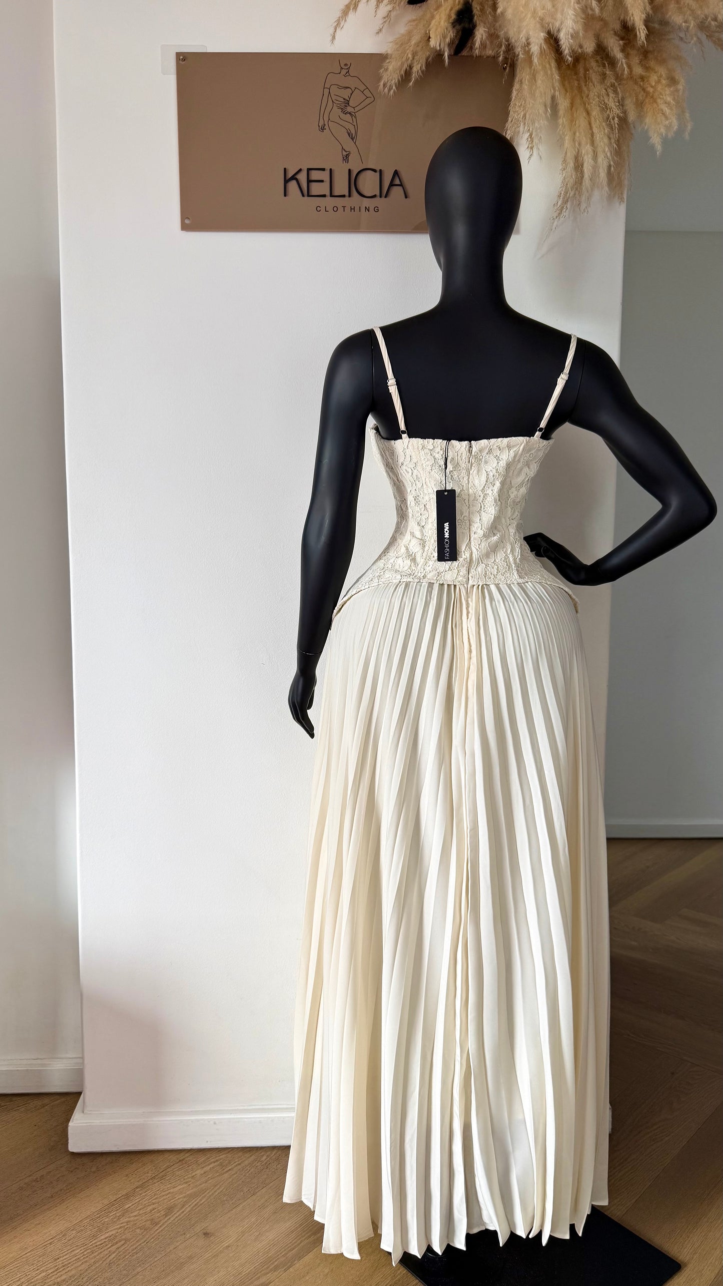 Daniella Lace Corset Pleated Maxi Dress in Cream