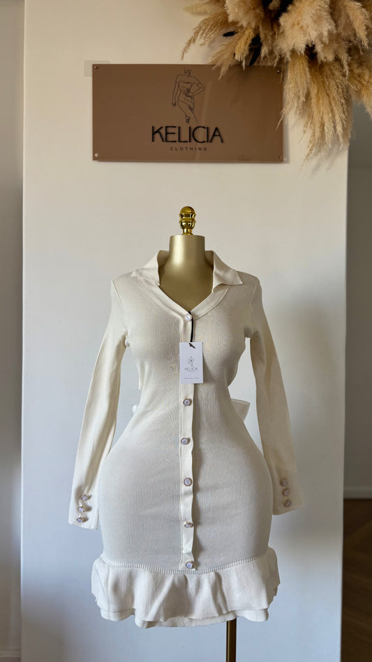 Frill Mini Dress with Bow in Cream